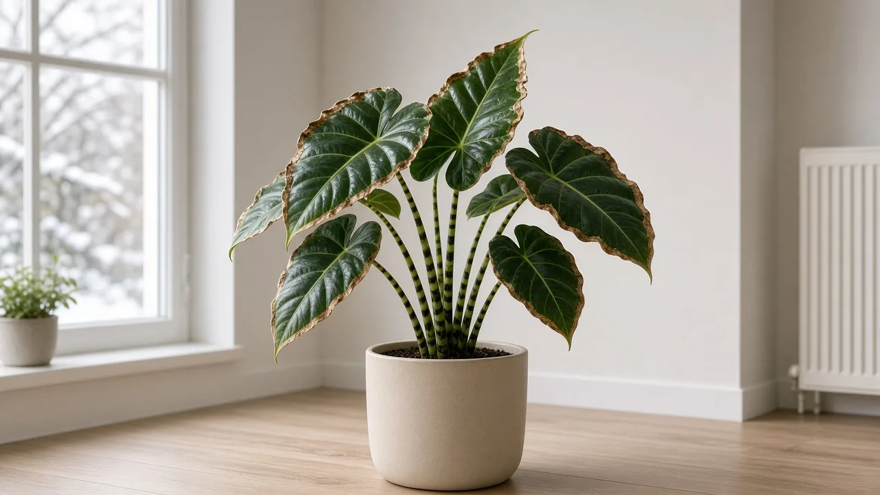 Low humidity on Alocasia Zebrina — crispy brown margins on glossy arrow leaves above zebra-striped petioles in a dry winter room