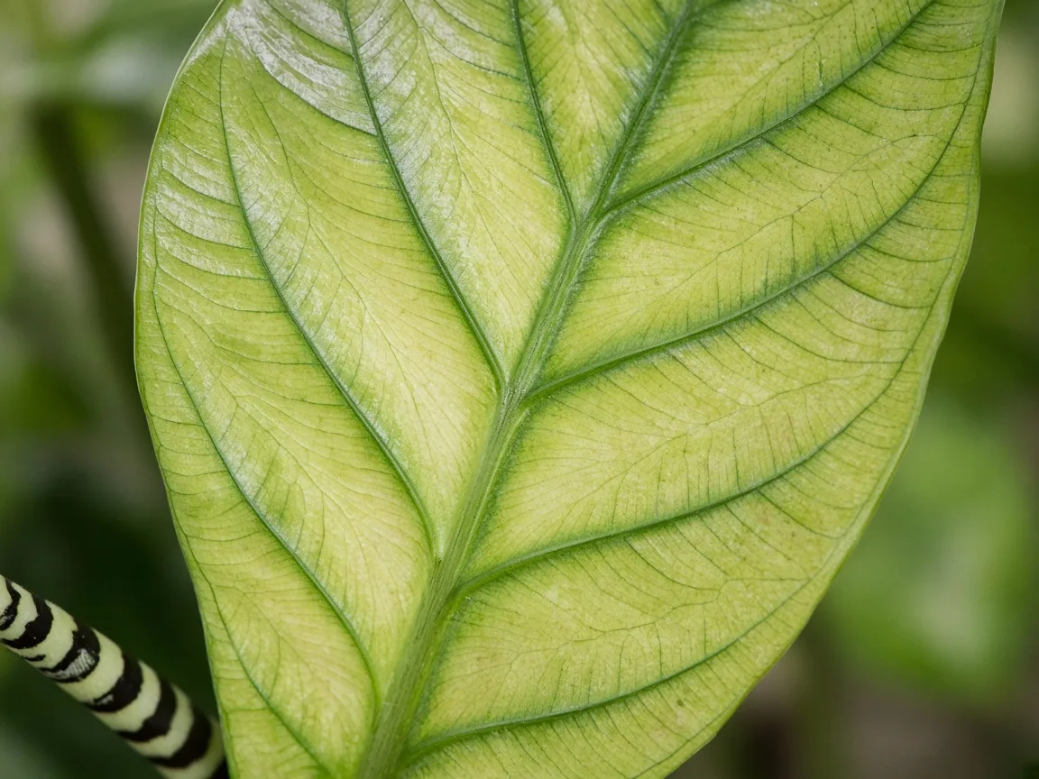 Close-up of interveinal chlorosis on an older Alocasia Zebrina arrow leaf