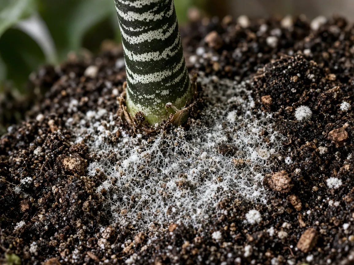 Close-up of white fuzzy mold on damp potting mix at the base of Alocasia Zebrina zebra-striped petioles