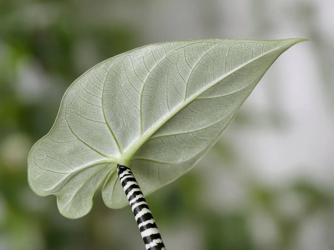 Close-up of small pale Alocasia Zebrina arrow leaf on an elongated zebra-striped petiole leaning toward window light