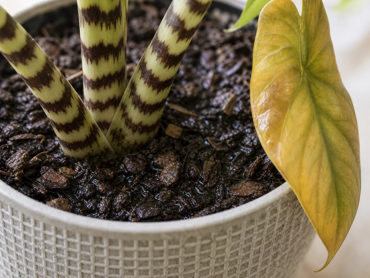 Illustrative close-up of wet Alocasia Zebrina potting mix and a soft yellow lower leaf