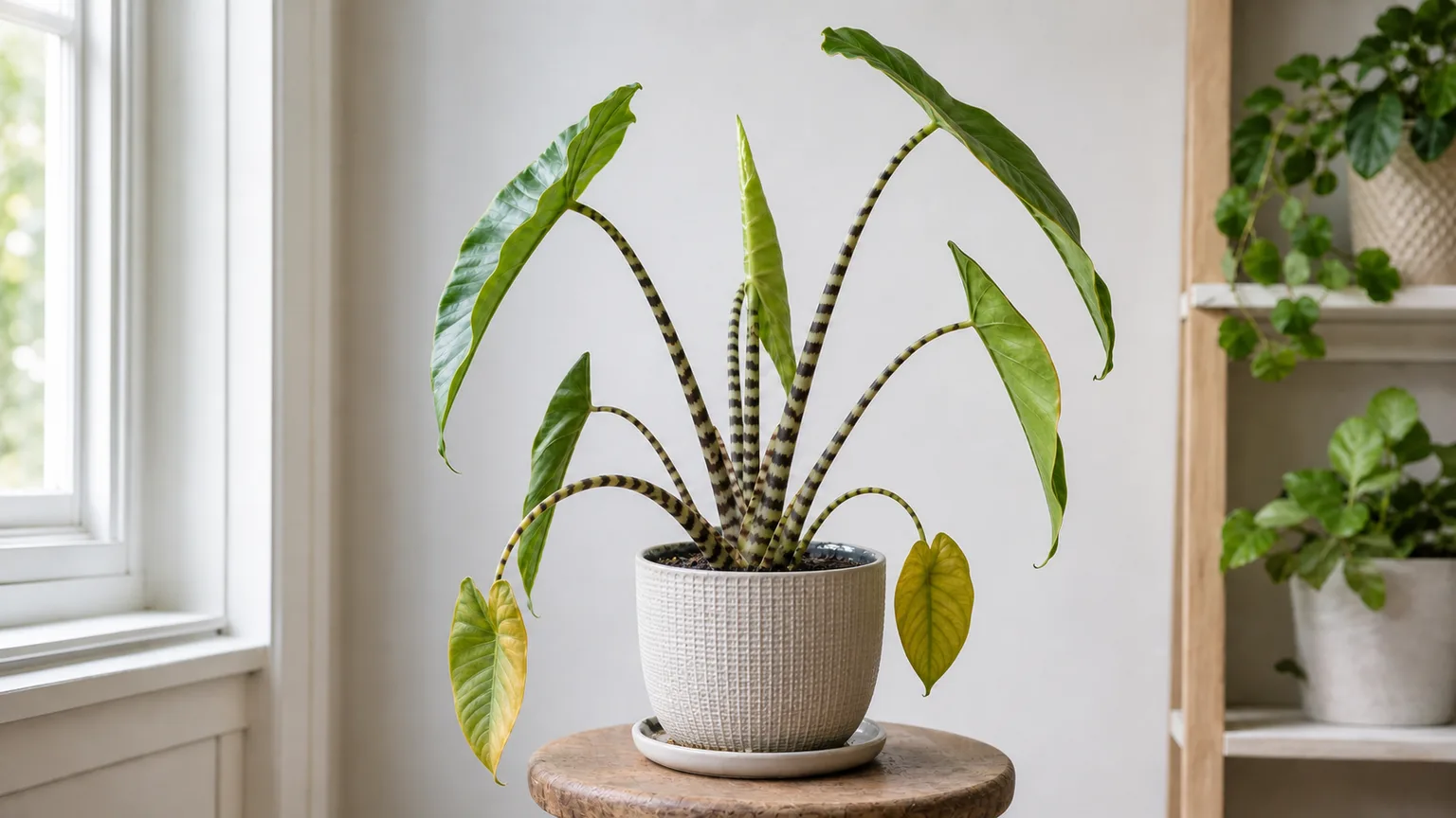 Illustrative overwatered Alocasia Zebrina in wet potting mix with two soft yellow lower leaves