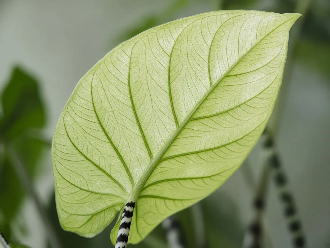Close-up of washed-out pale color on Alocasia Zebrina glossy arrow leaf
