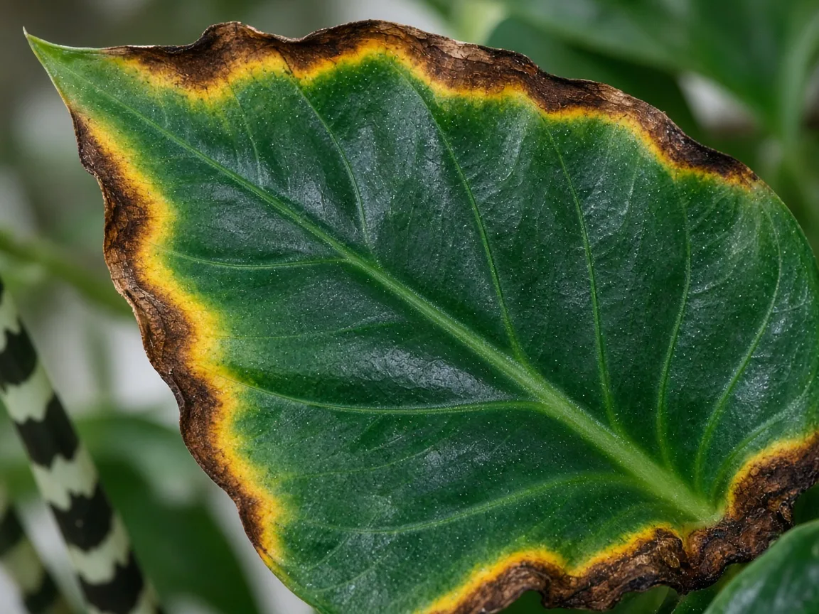Close-up of brown scorched margins on an older Alocasia Zebrina arrow leaf