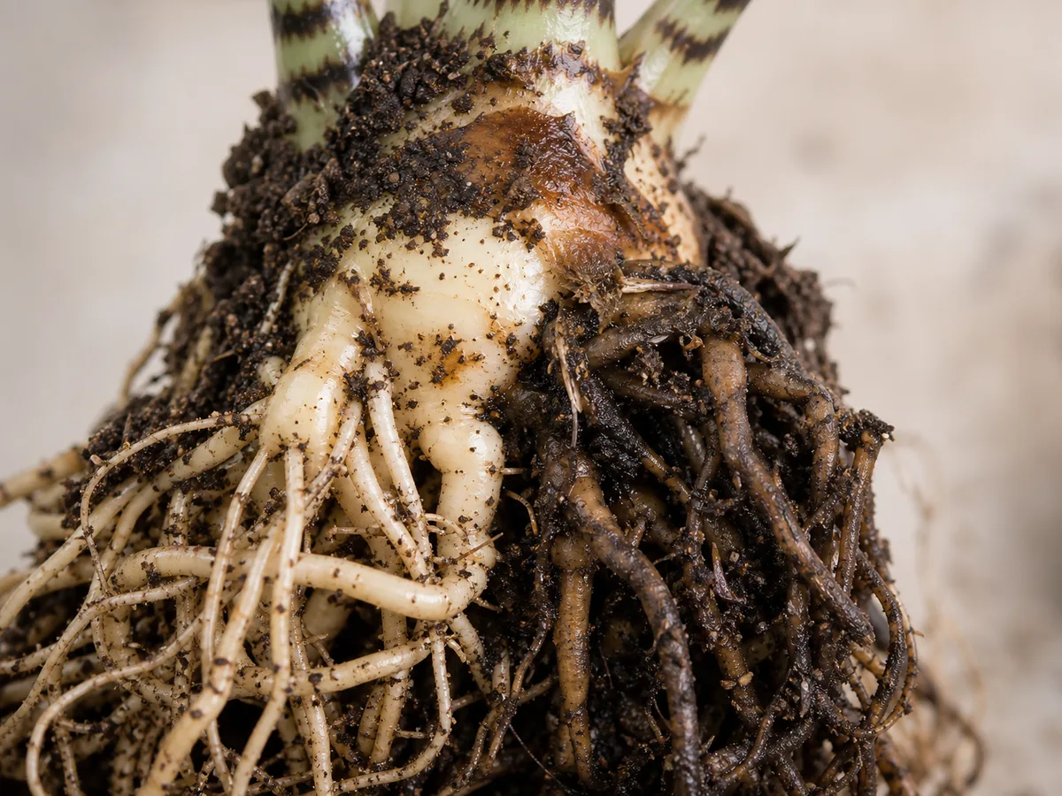 Illustrative close-up comparing firm pale Alocasia Zebrina roots with dark softened root decay