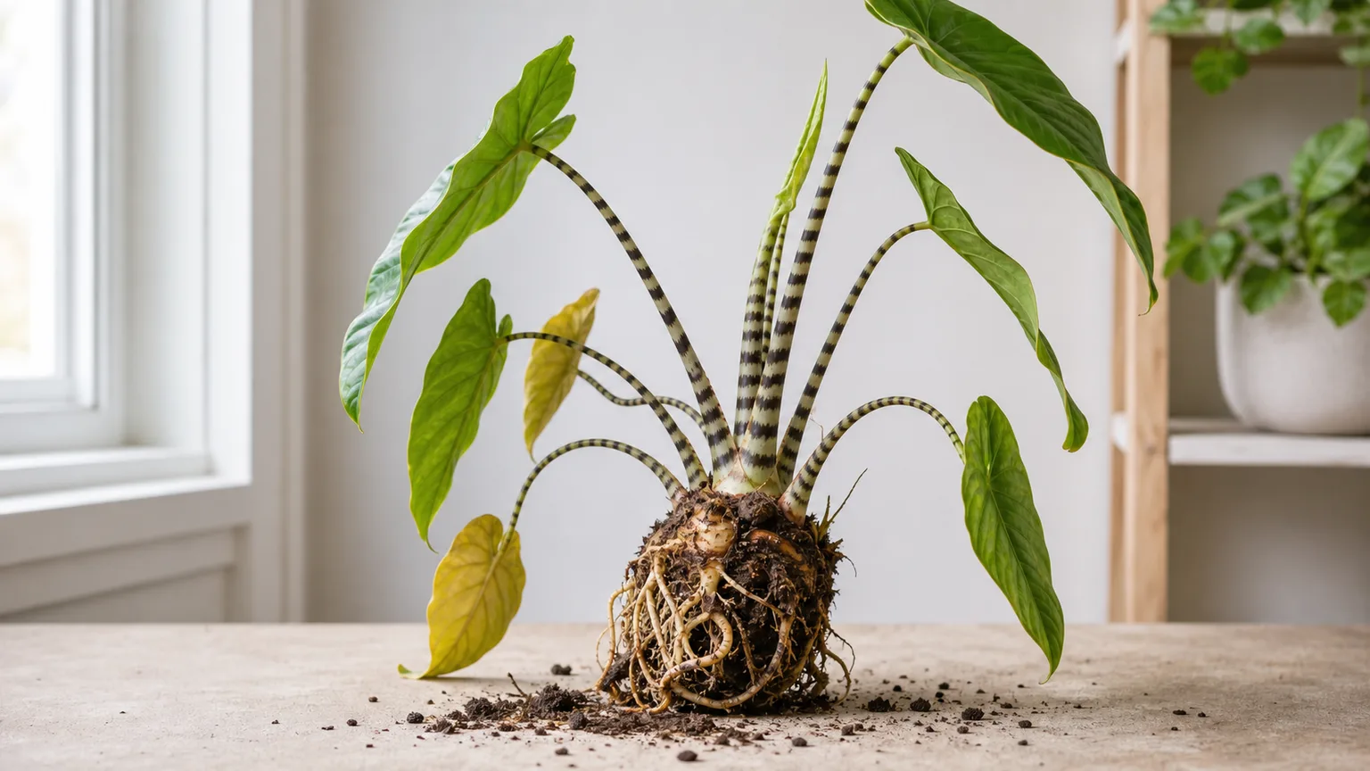 Illustrative unpotted Alocasia Zebrina showing pale healthy roots beside a localized area of dark root decay