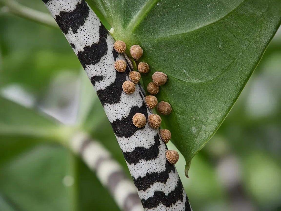 Illustrative close-up of tan scale bumps along the striped petiole of an Alocasia Zebrina