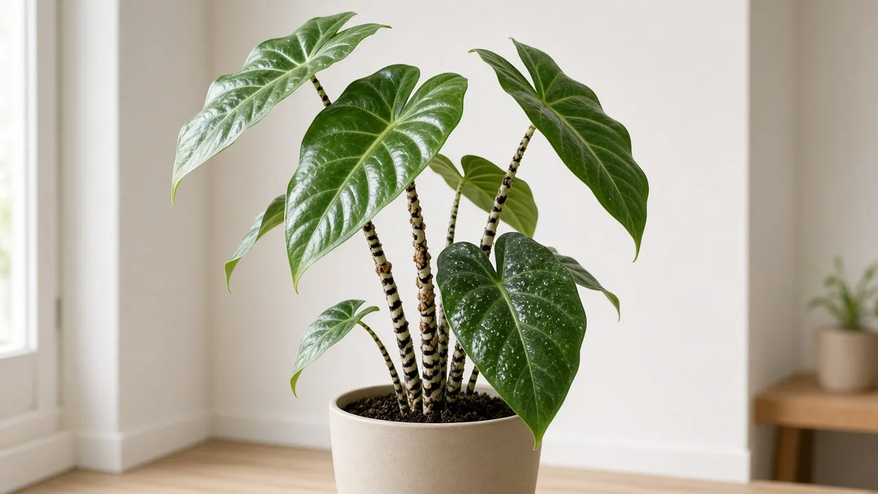 Illustrative Alocasia Zebrina with tan scale bumps along zebra-striped petioles and sticky honeydew on arrow-shaped leaves