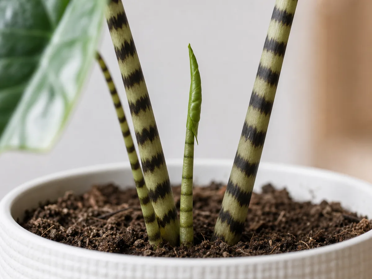 Illustrative close-up of a small Alocasia Zebrina leaf spear showing little visible extension