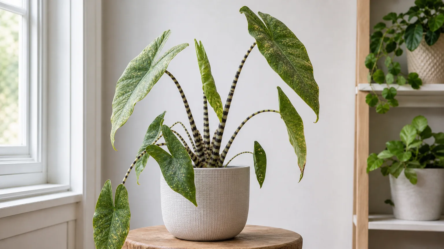 Illustrative Alocasia Zebrina with fine pale stippling and sparse spider-mite webbing on arrow-shaped leaves
