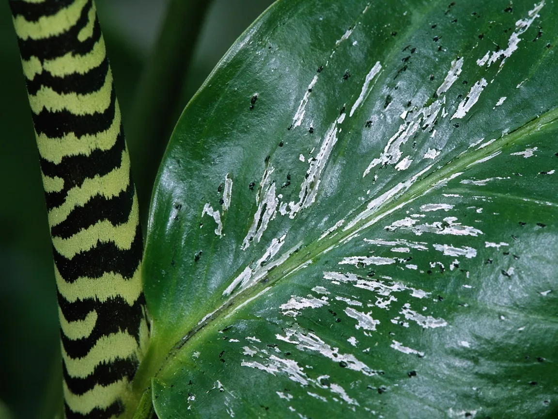 Close-up of silvery scrape marks and tiny black thrips excrement specks on a glossy Alocasia Zebrina arrow leaf near a zebra-striped petiole