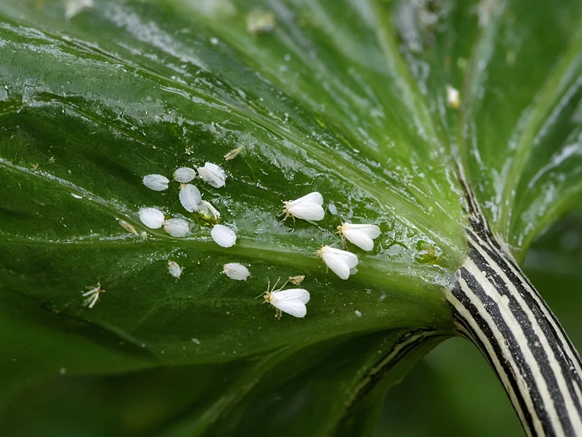 Close-up of tiny white adult whiteflies and pale nymphs on the glossy underside of an Alocasia Zebrina arrow leaf where it meets a zebra-striped petiole