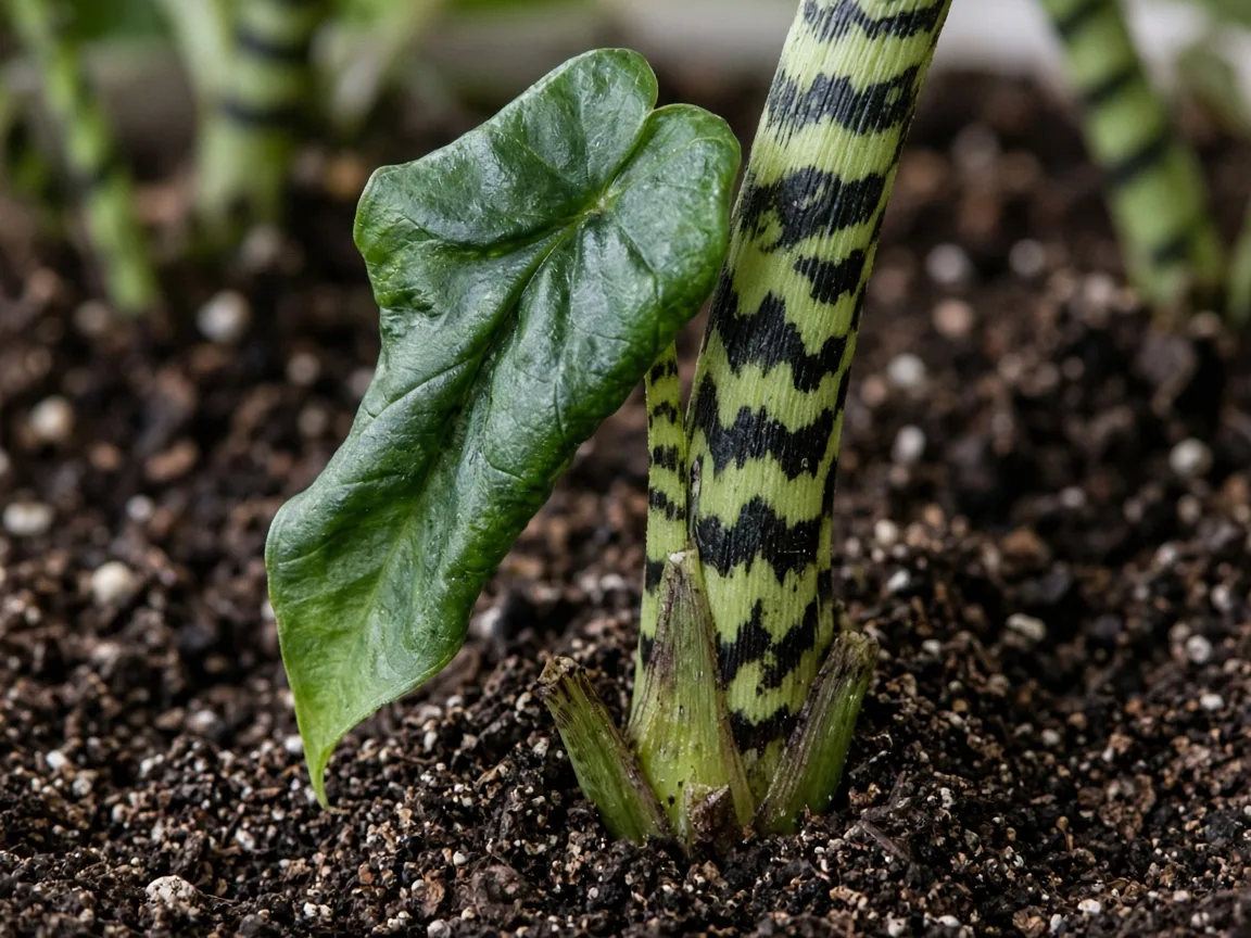 Illustrative close-up of limp Alocasia Zebrina leaves and softened zebra-striped petioles