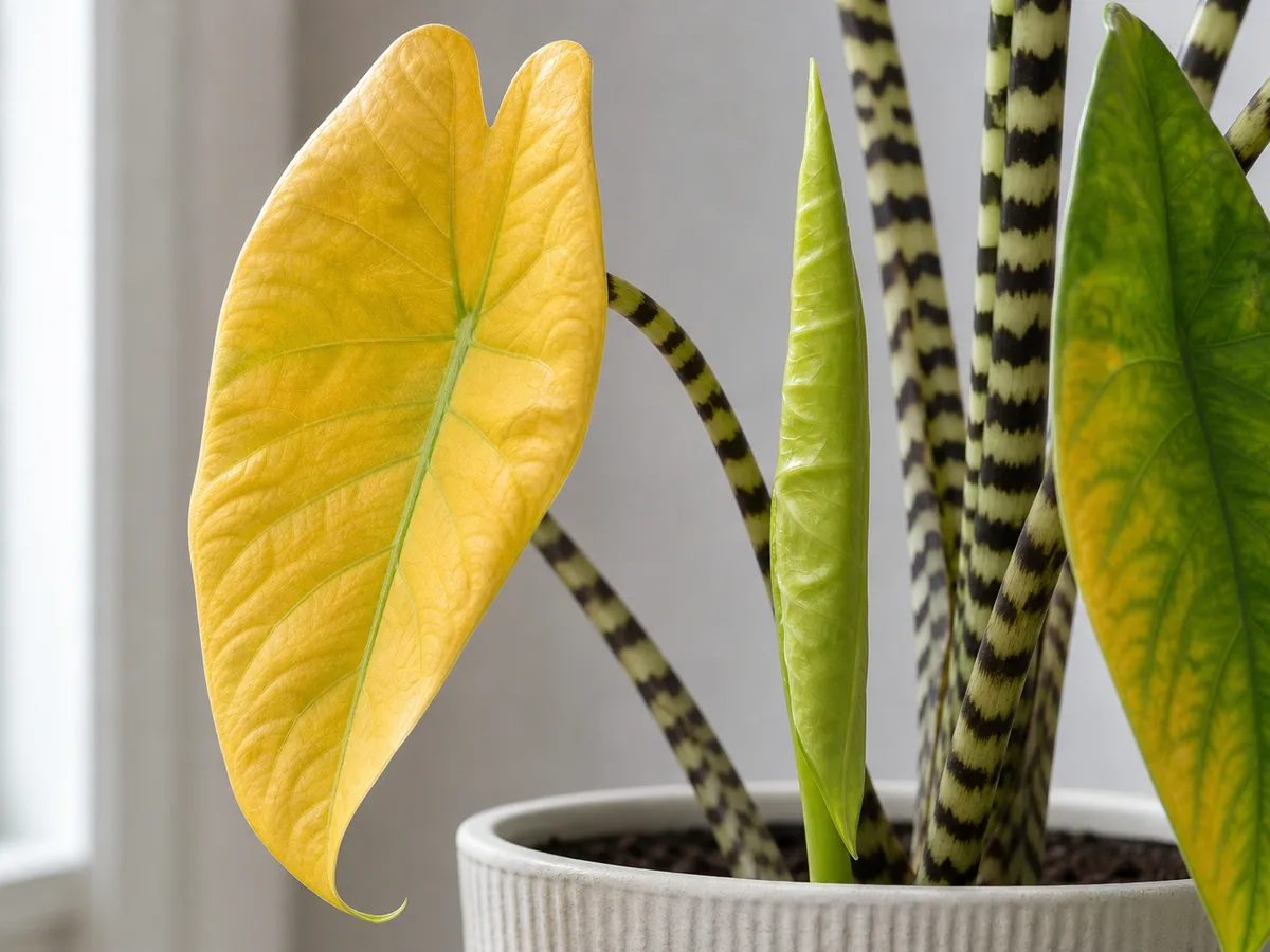 Illustrative close-up of an Alocasia Zebrina yellowing lower leaf beside healthy green tissue and a zebra-striped petiole