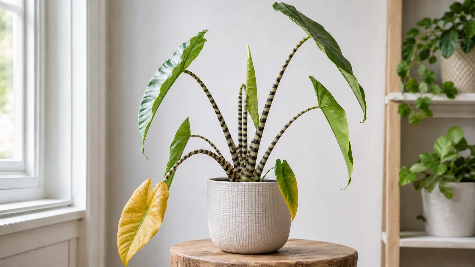 Illustrative Alocasia Zebrina with one yellowing lower leaf beneath healthy green arrow-shaped foliage and striped petioles