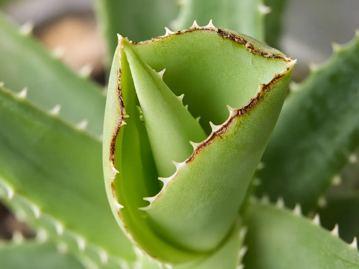 Close-up of calcium deficiency on Aloe vera - cupped new leaf unfurling from rosette center