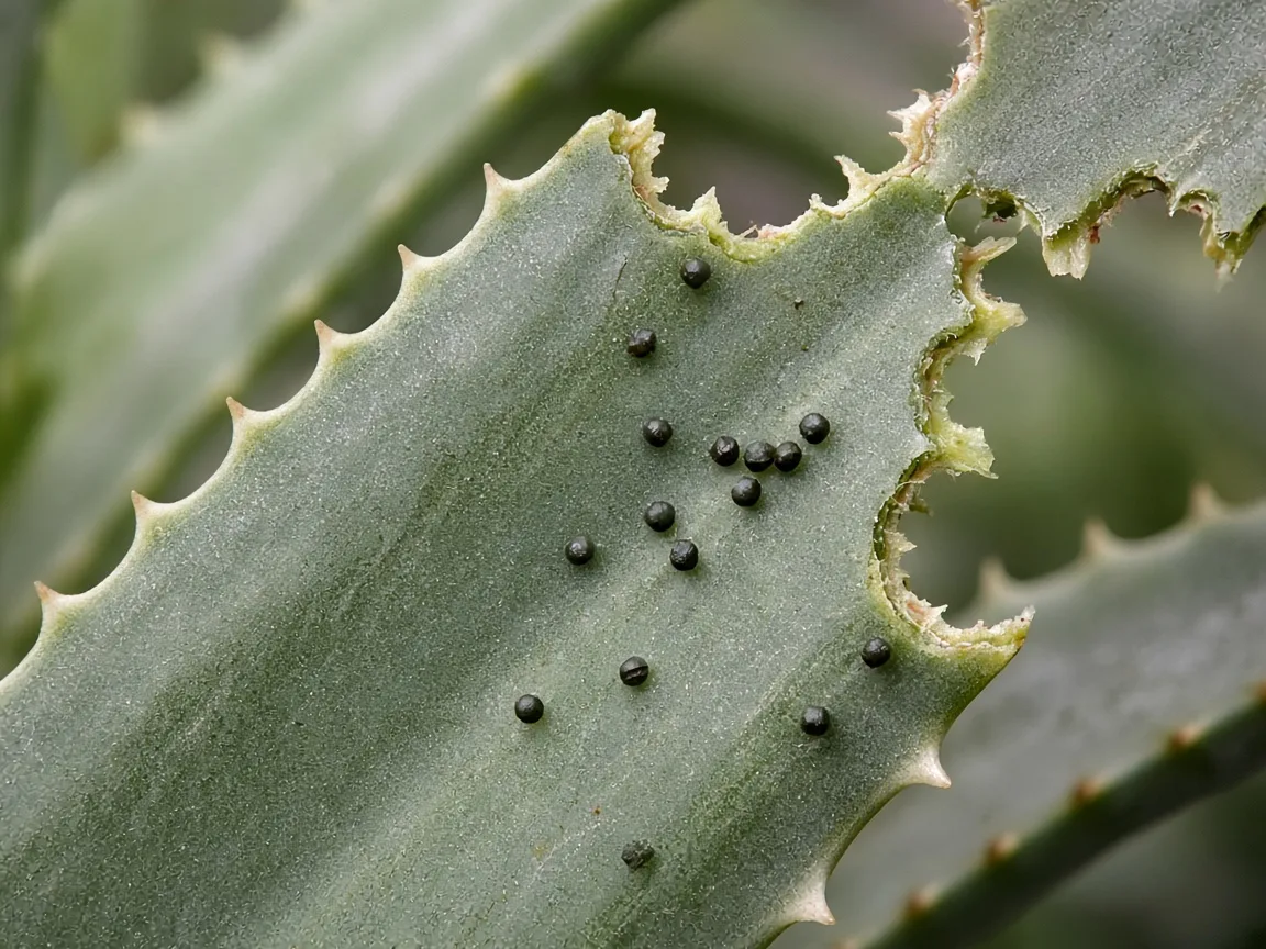 Close-up of caterpillar chew damage on Aloe Vera serrated leaf margins