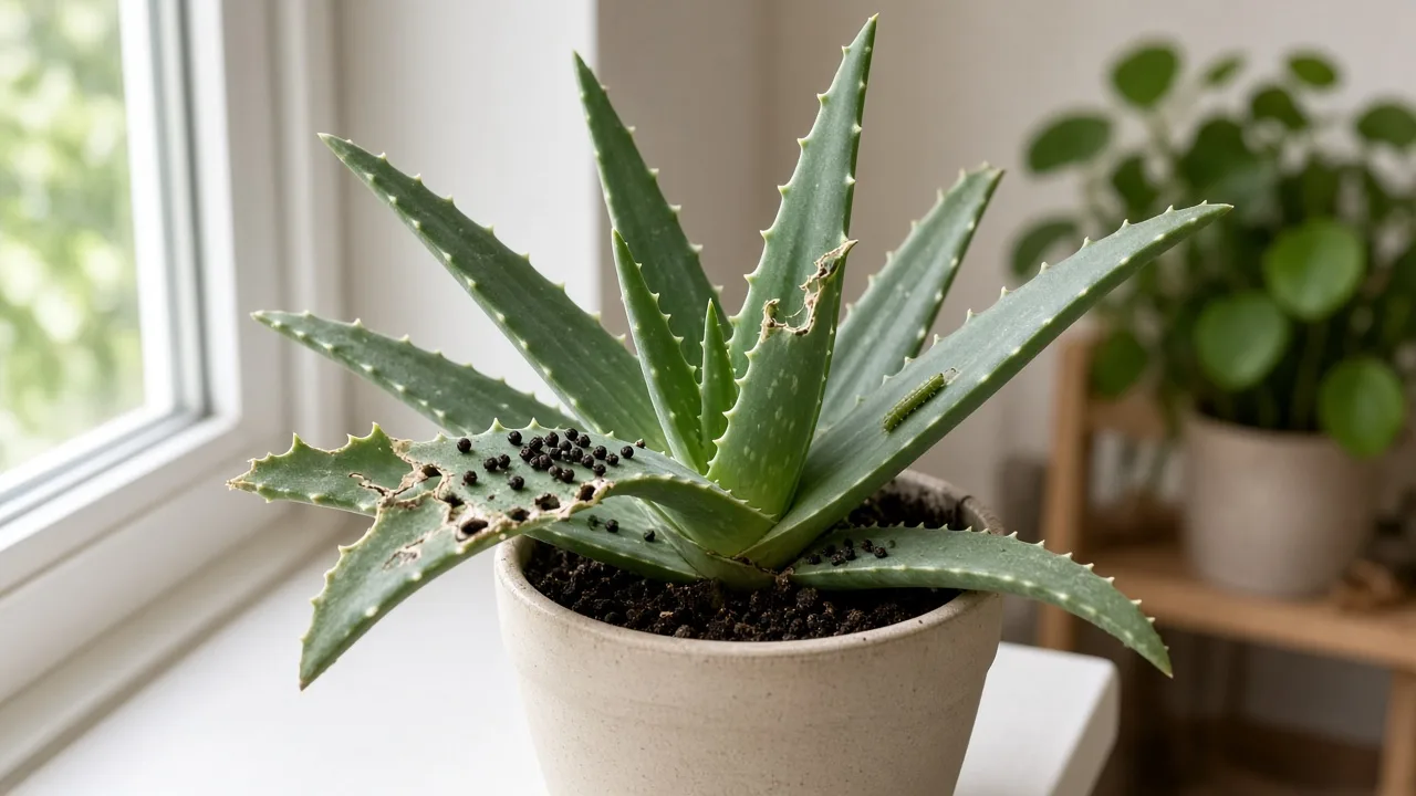Caterpillars on Aloe Vera - ragged chew on thick serrated leaves with frass