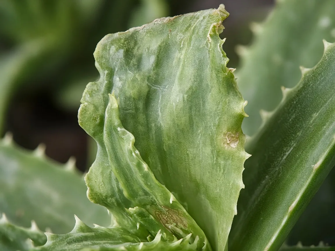 Close-up of distorted leaves on Aloe vera - twisted new central leaf unfurling from rosette crown