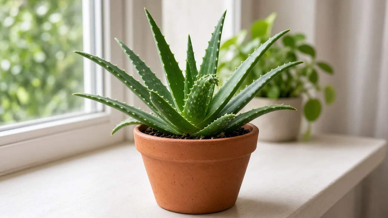 Distorted leaves on Aloe vera - twisted new central leaf in rosette with older serrated outer leaves normal