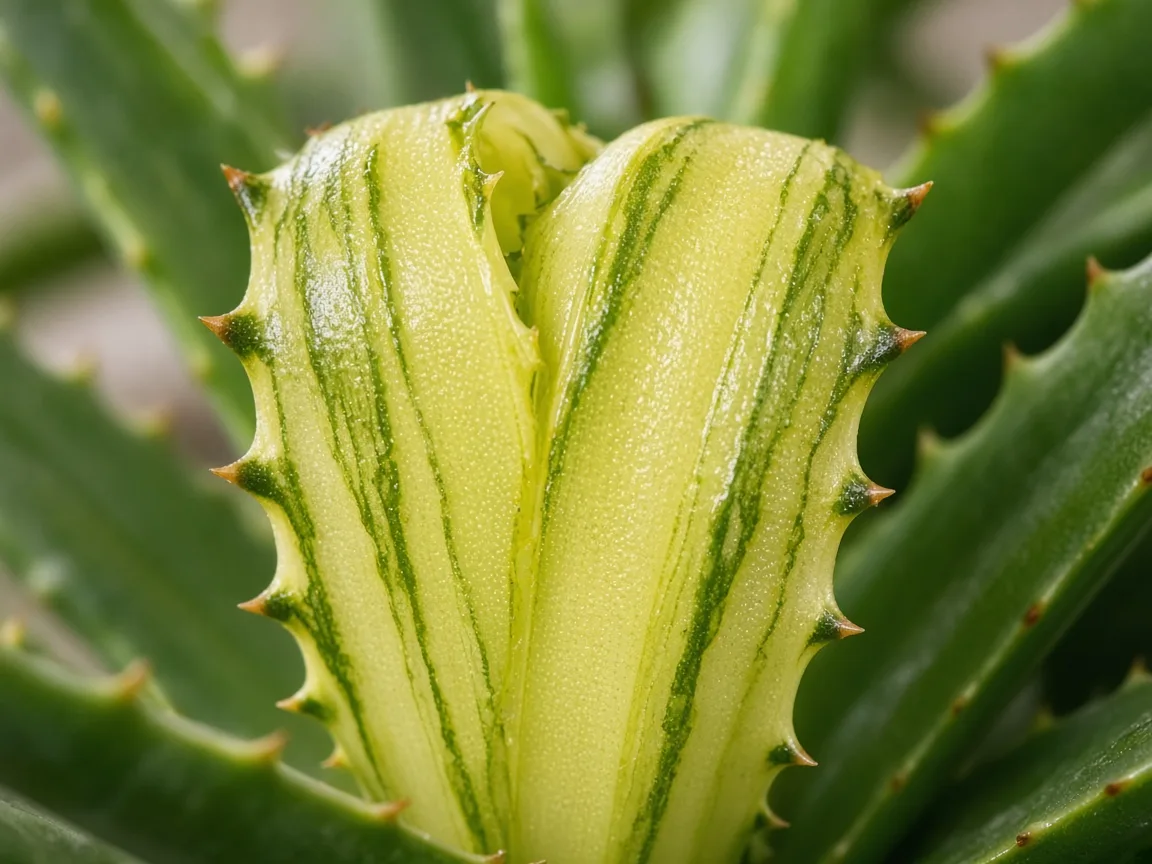 Close-up of interveinal chlorosis on a new Aloe vera rosette center leaf