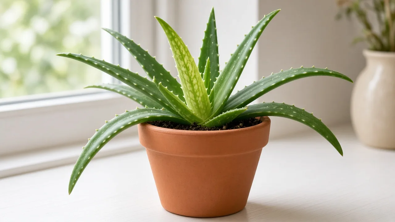 Iron deficiency on Aloe vera - pale new rosette center leaf with green veins and normal serrated outer leaves