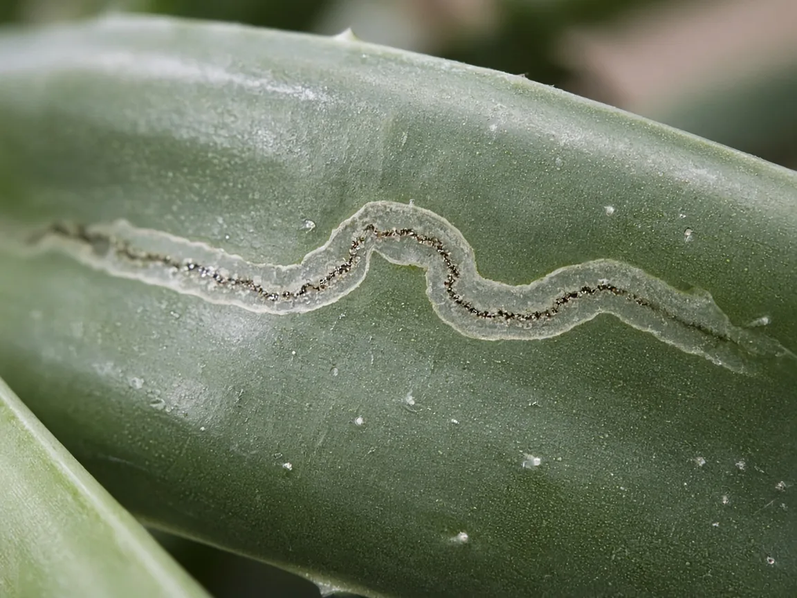Close-up of leaf miner serpentine tunnel inside an Aloe Vera succulent leaf