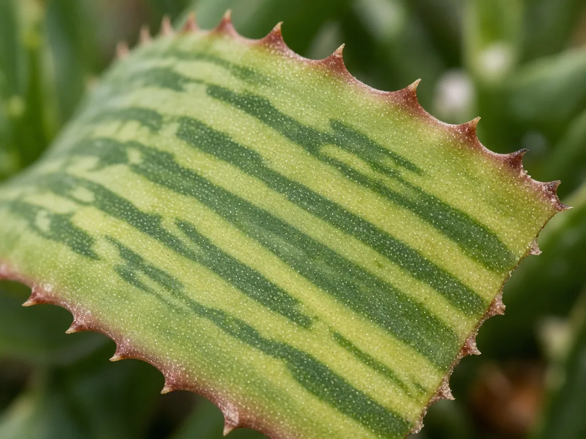 Close-up of interveinal chlorosis on an older Aloe vera serrated leaf