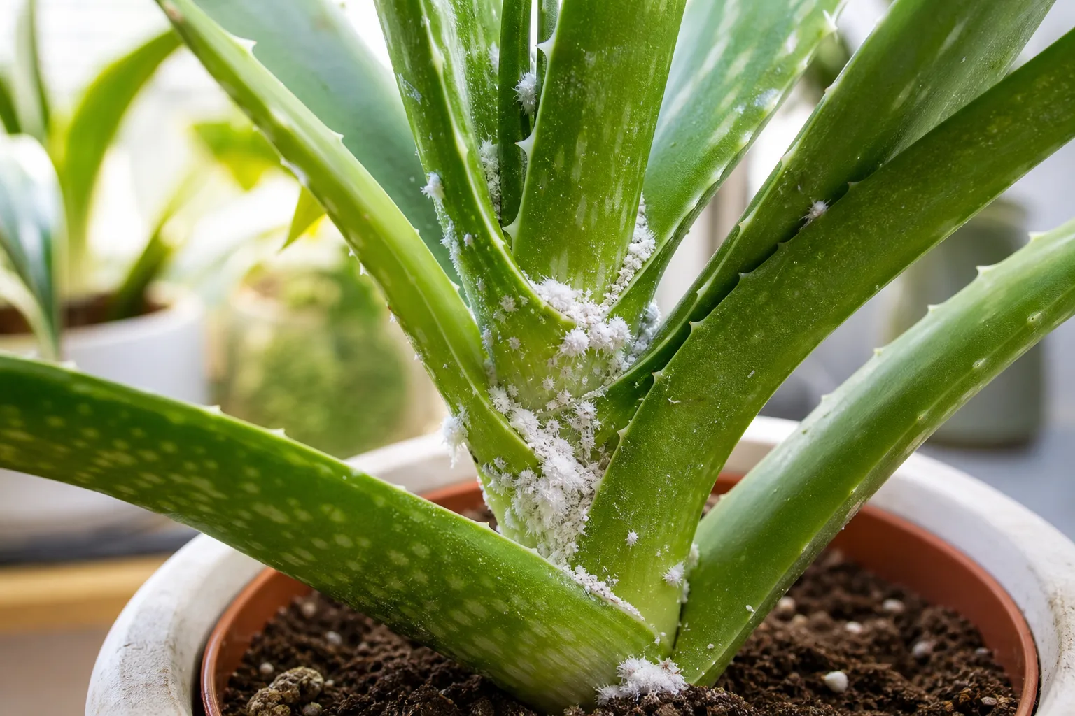 Mealybugs on Aloe Vera - visible symptom on the plant