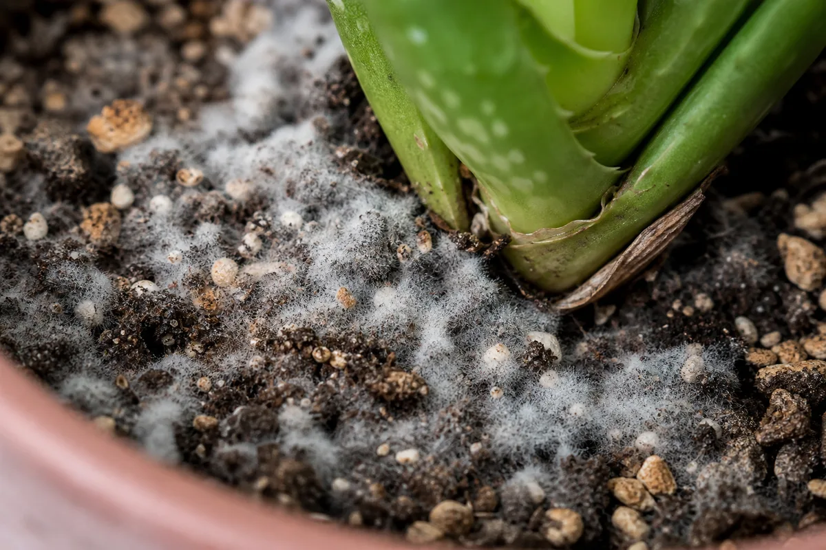Close-up of Mold on Soil on Aloe Vera - diagnostic detail