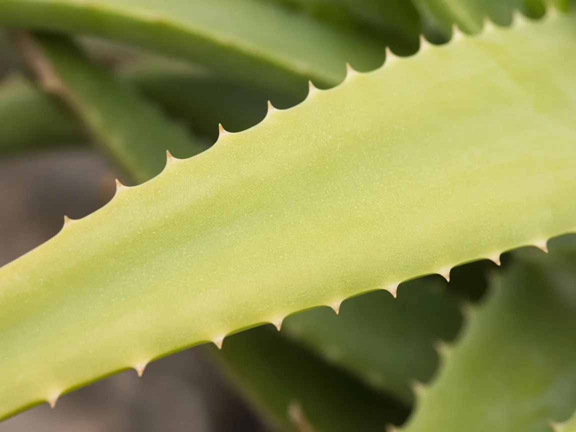 Close-up of nitrogen deficiency on Aloe Vera - uniform pale yellow-green on oldest outer rosette leaf