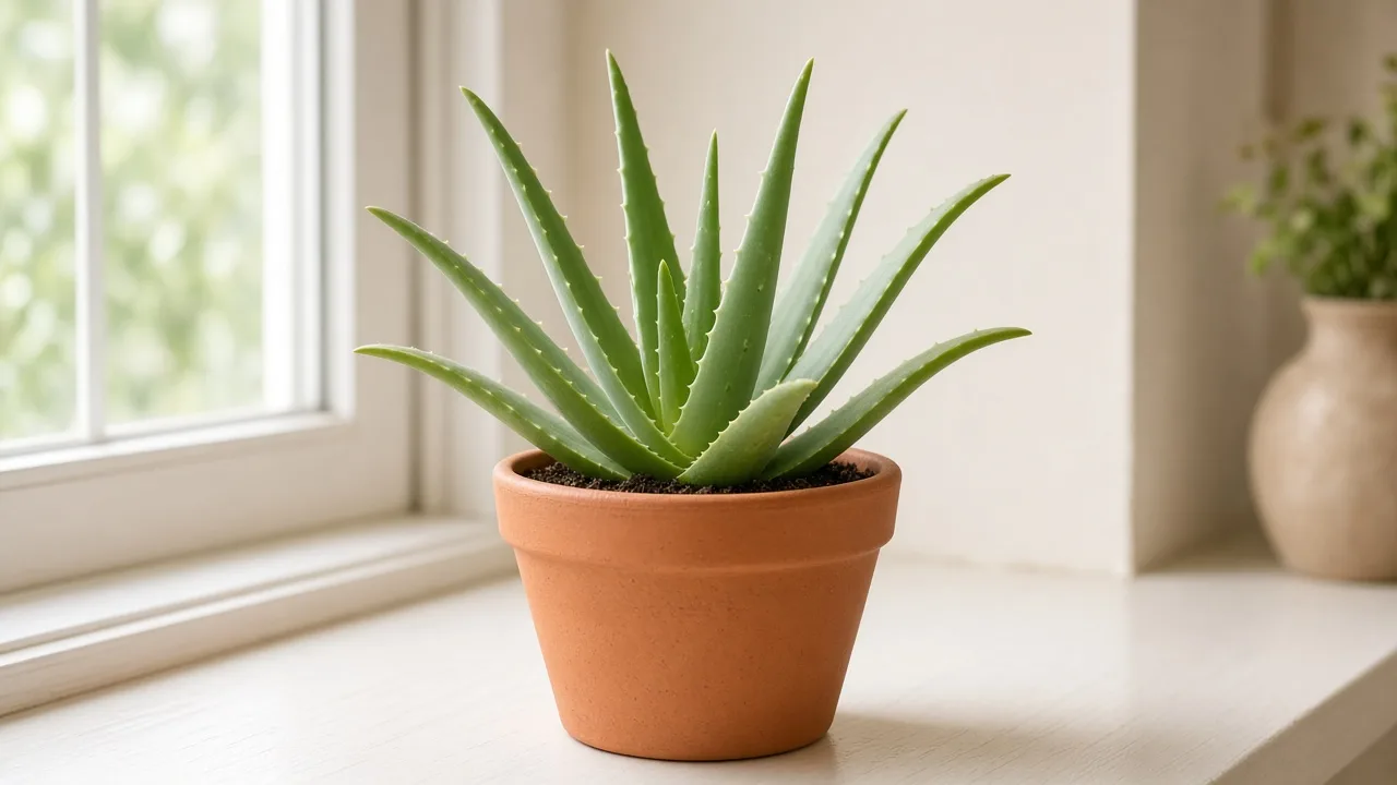 Nitrogen deficiency on Aloe Vera - oldest outer rosette leaves uniformly pale yellow-green in a terracotta pot