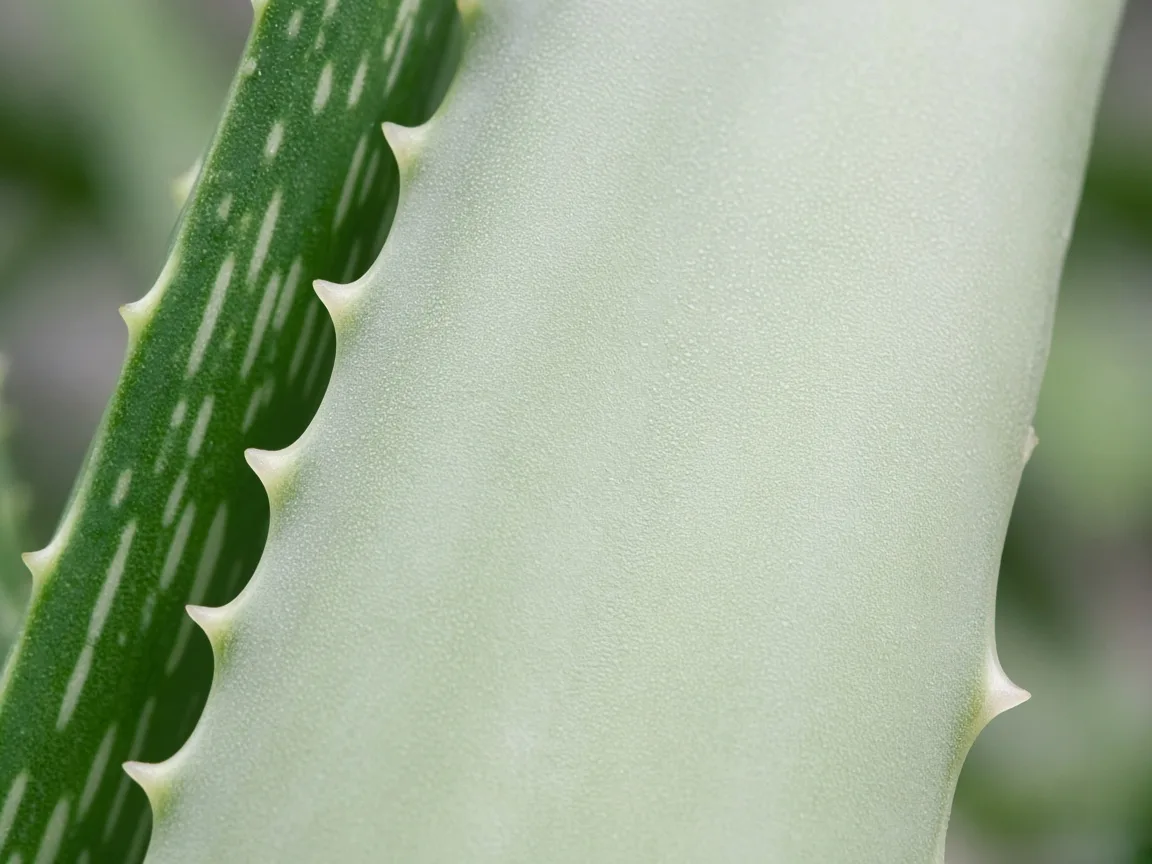 Close-up of pale washed-out color on Aloe Vera leaf compared with healthier gray-green tissue