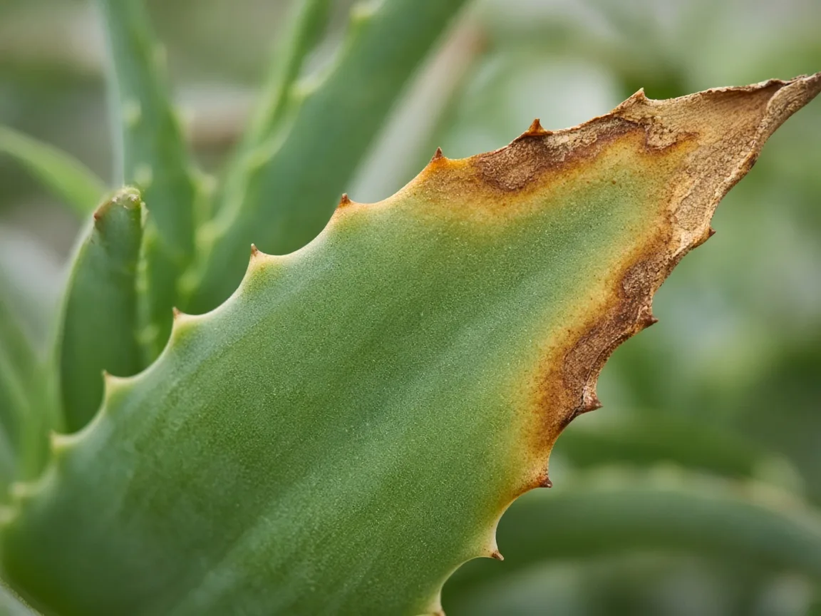 Close-up of potassium deficiency on Aloe vera - scorched serrated margin on older outer rosette leaf