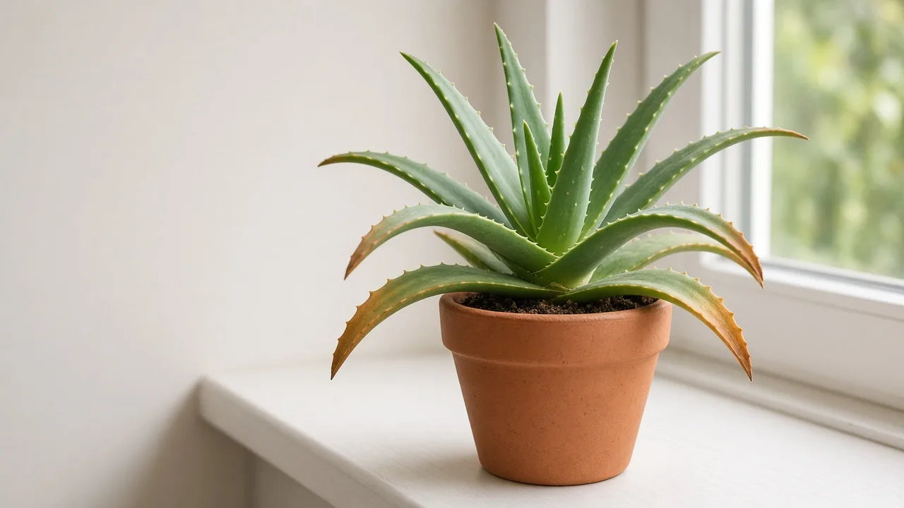 Potassium deficiency on Aloe vera - scorched margins on older outer rosette leaves with greener central growth
