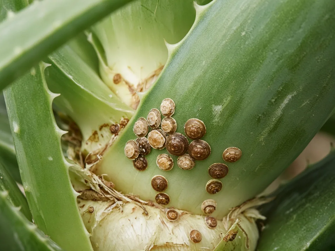 Close-up of tan scale insect bumps on an Aloe Vera leaf base near the rosette
