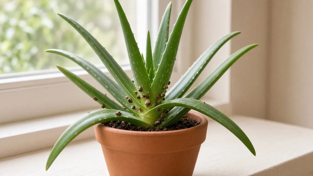 Scale insects on Aloe Vera - tan bumps on leaf bases near the rosette