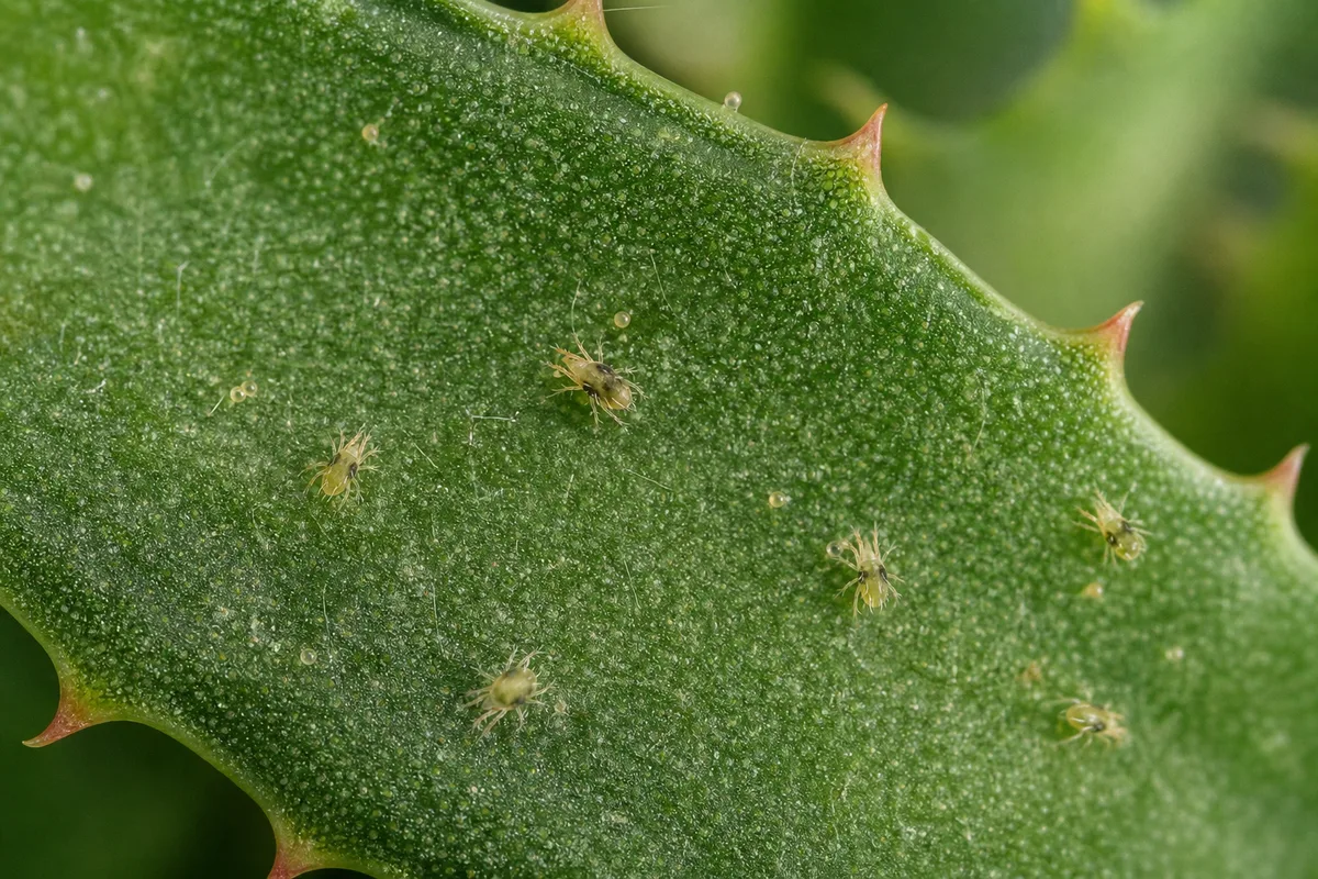 Close-up of Spider Mites on Aloe Vera - diagnostic detail