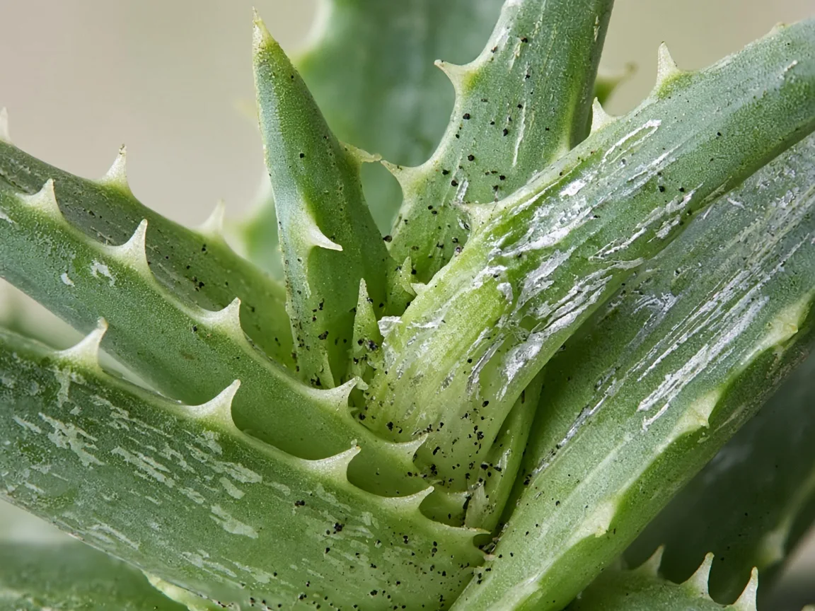 Close-up of thrips damage on Aloe Vera - silvery streaks and black frass where thick leaves overlap at the rosette crown