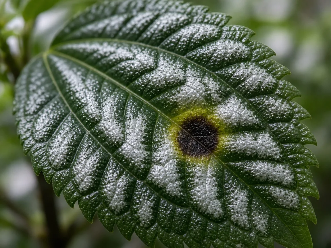 Close-up of black spot lesions on Aluminum Plant silver-marked leaf