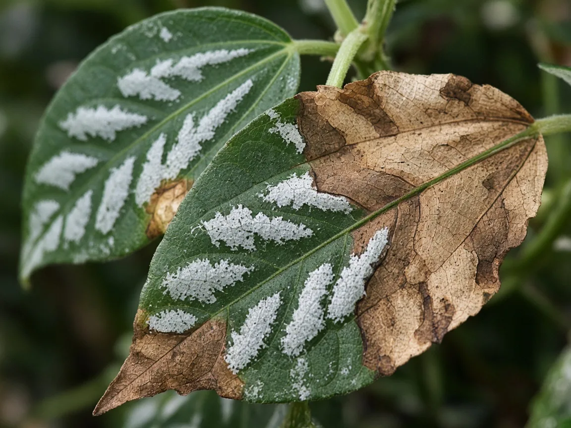 Close-up of brown leaves on Aluminum Plant - whole-leaf necrosis on silver-banded foliage