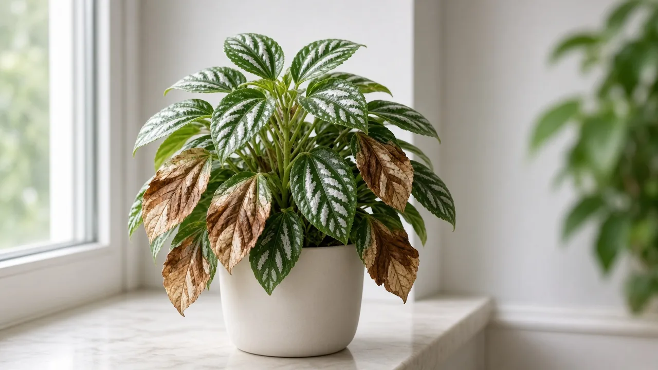 Brown leaves on Aluminum Plant - whole-leaf necrosis on silver-banded Pilea cadierei foliage