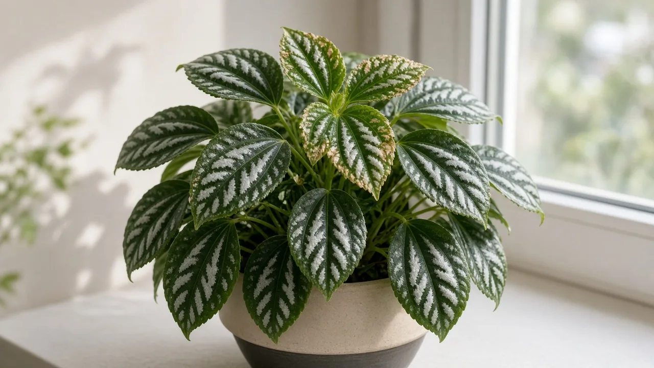 Calcium deficiency on Aluminum Plant - cupped new opposite leaf pair with margin burn on silver-banded Pilea cadierei at stem tips