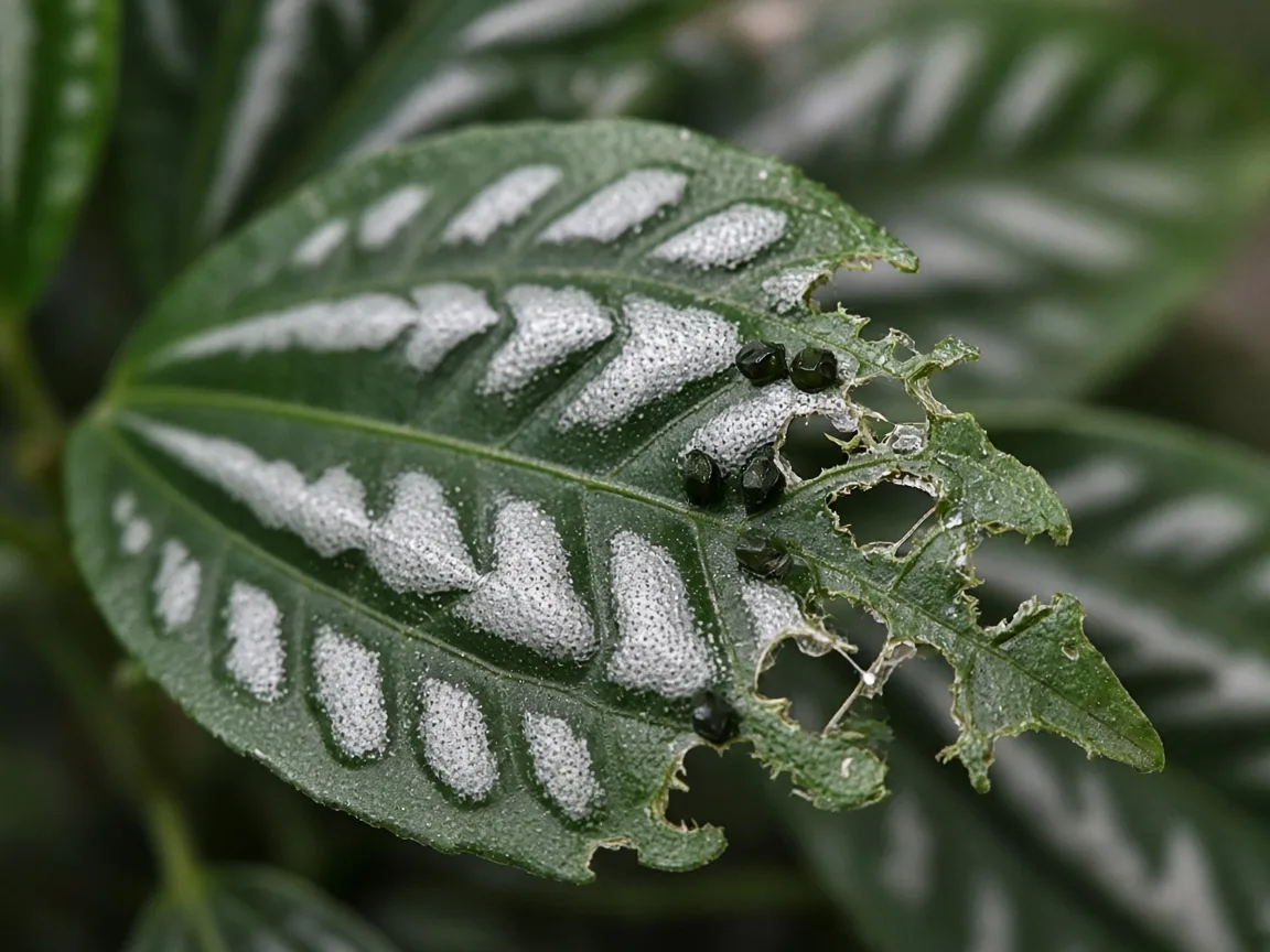 Close-up of caterpillar damage on Aluminum Plant - irregular chewed notches on oval silver-marked leaf with dark frass pellets
