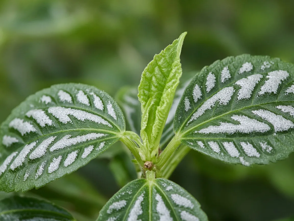 Close-up of distorted leaves on Aluminum Plant - puckered twisted new opposite pairs