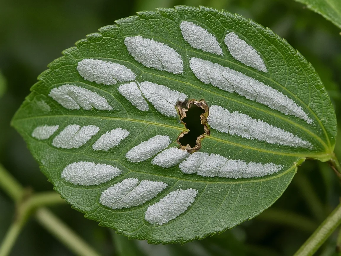 Close-up of holes in aluminum plant leaves - irregular gaps through silver-banded Pilea cadierei foliage