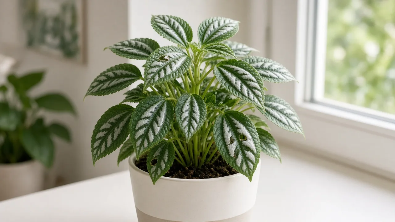 Holes in Leaves on Aluminum Plant - torn silver-banded Pilea cadierei foliage with irregular gaps