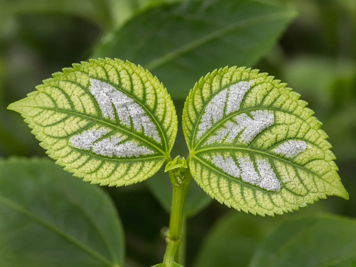 Close-up of iron deficiency on Aluminum Plant - interveinal chlorosis on new opposite leaf pair