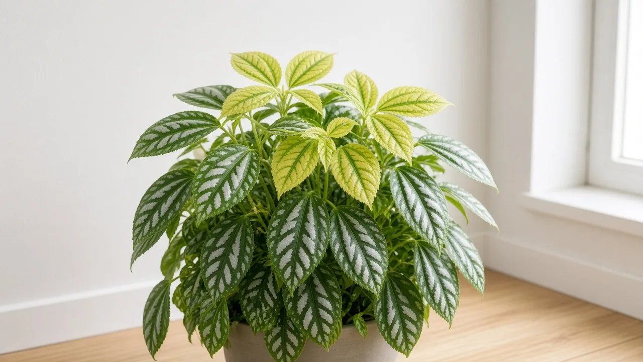 Iron deficiency on Aluminum Plant - pale yellow new leaves with green veins on silver-banded Pilea cadierei at stem tips