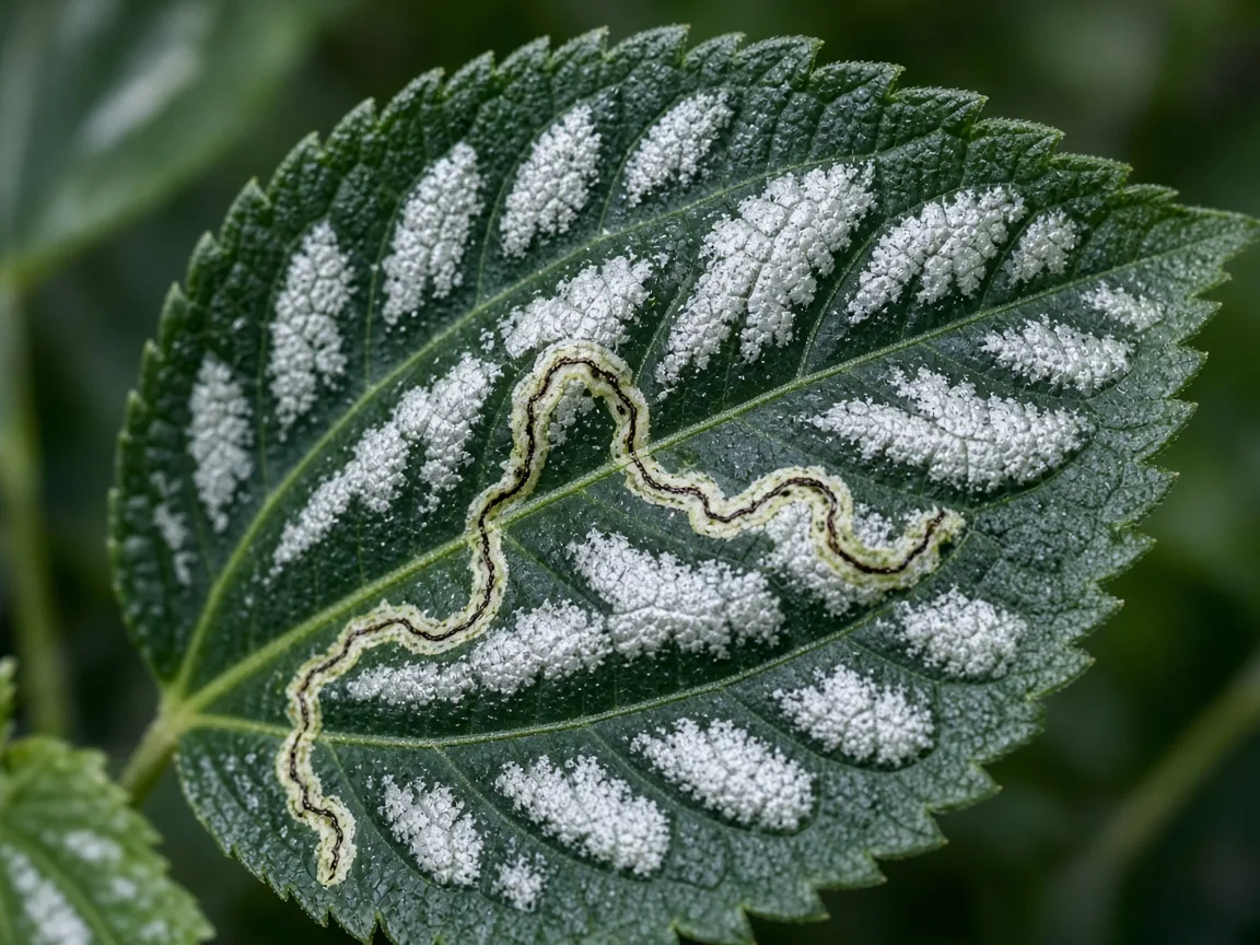 Close-up of leaf miners on Aluminum Plant - serpentine pale tunnel across silver-banded Pilea cadierei leaf